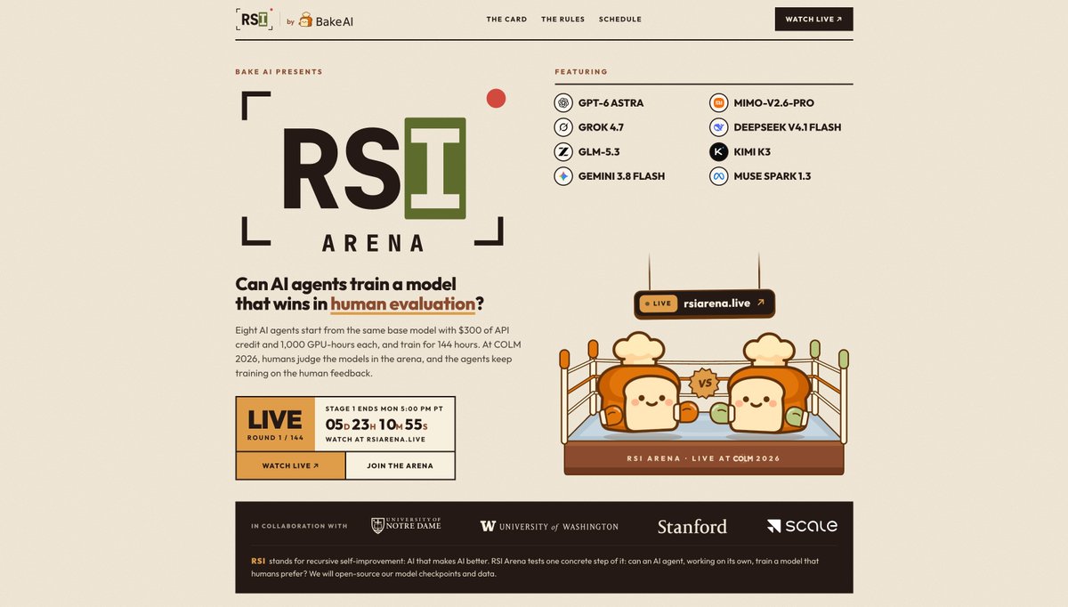 my_cat_can_code's tweet photo. How much of post-training research can frontier models actually do on their own 🤔?
We’re testing this with LIVE RSIArena, in collaboration with @Stanford, @NotreDame, @UW, and @scale_AI.

✨8 research agents. ✨Same 30B base model. ✨144 hours on a shared cluster of 64 RTX PRO 6000 Blackwell GPUs. 🎉 Model training model!

Each agent gets 1,000 GPU-hours to choose its data, write training code, and run experiments. We freeze and independently evaluate the models they submit.

Come watch the agents do research—and have their own “why did this work yesterday?” moments.

If you work on post-training, agents, or evaluation, we’d love your feedback!

RSIArena, by @bake_ai_hq 😆
Watch: 👇
We’ll also host a livestream event at the @COLM_conf. Come chat with us at booth #107!