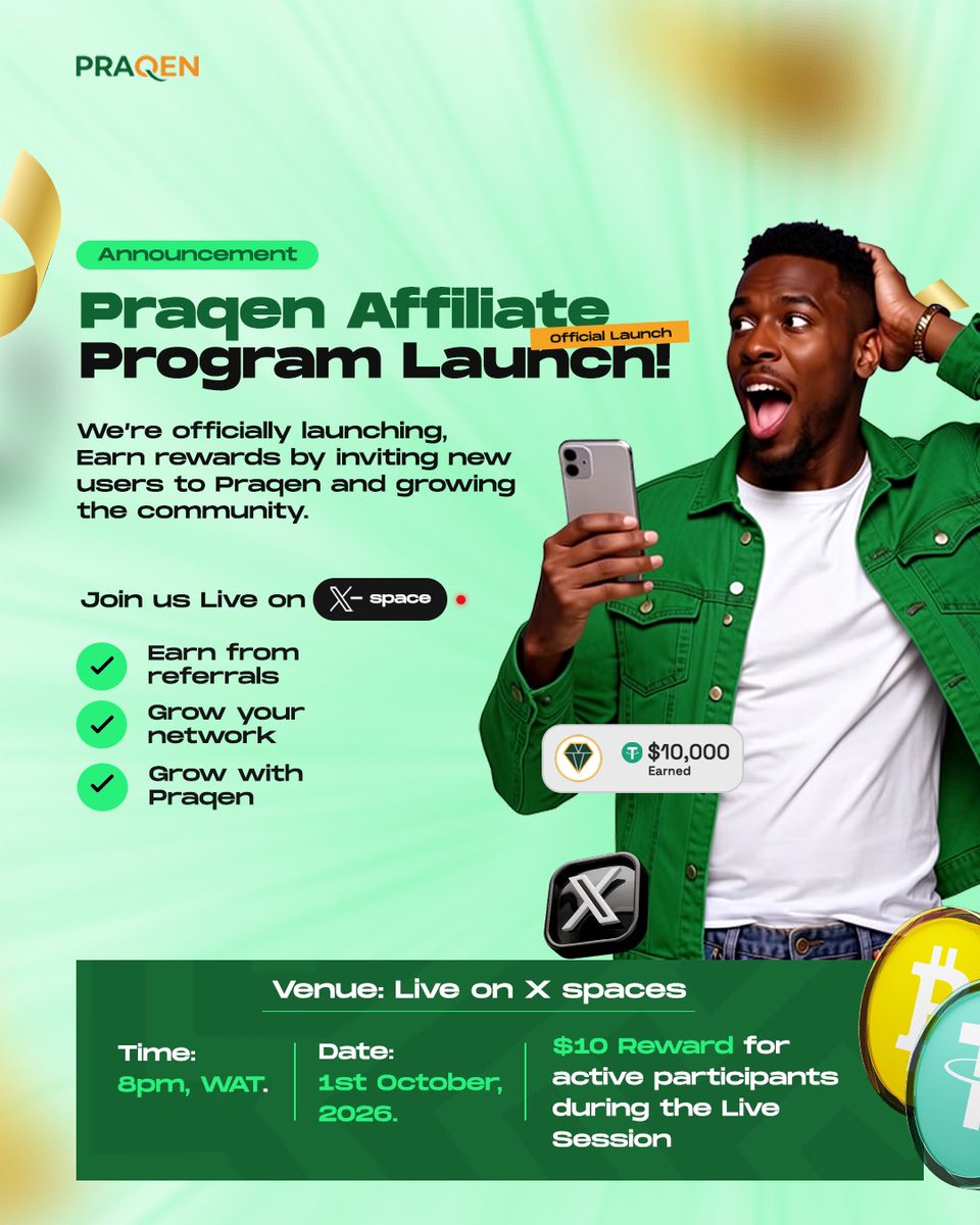 praqenapp's tweet photo. 🚀 BIG NEWS: The PRAQEN Affiliate Program is OFFICIALLY LIVE!

We revamped it, reloaded it, and now we're launching it with YOU!

Invite friends, grow the community, and get rewarded for every referral — it's that simple, but you have to be there to see all the surprises we packed inside!

PLUS: We have a special guest speaker — one of the best P2P traders in the game — coming to break down how to win big with Affiliate + P2P.

Join us LIVE on X Spaces
📅 Date: 1st October, 2026
⏰ Time: 8PM WAT
🎁 $10 Reward for active participants during the live session!

Don't just hear about it, be part of the launch!

Set your reminder now!
#CryptoWallet #Crypto #trading #affiliateprogram #BTC