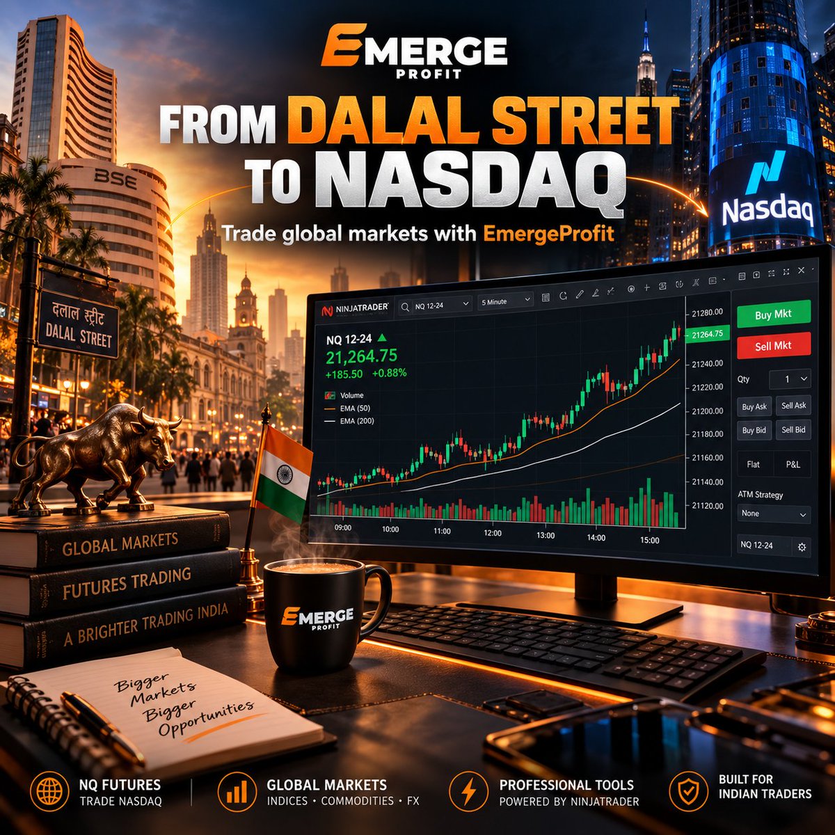 EMERGE_PROFIT's tweet photo. From Dalal Street to Nasdaq. 🇮🇳📈
Different market. Same ambition.
Bigger markets. Bigger opportunities.
Welcome to EmergeProfit.
#IndianTraders #FuturesTrading https://t.co/j2Lons5tET
