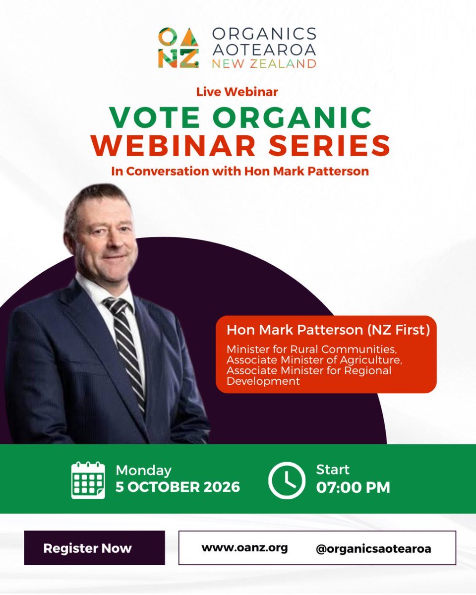 GEHonesty's tweet photo. @OANZ is hosting a “Vote Organic” webinar series with NZ politicians. Dates / times below:👇
Thursday 1st October 2026 - 8:00pm
Green MP, Steve Abel
Thursday 1st October 2026 - 7:00pm
ACT MP, Andrew Hoggard
Monday 5th October 2026 - 7:00pm
NZ First MP, Mark Patterson
Monday 5th October 2026 - 7:30pm
Opportunity Party MP, Daniel Eb
Register now on the OANZ website, or follow the temporary link in our bio now! 🔗
KEEP GE IN THE LAB, NOT OUR FOOD! 🇳🇿✋
