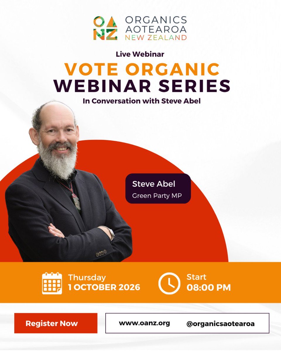 GEHonesty's tweet photo. @OANZ is hosting a “Vote Organic” webinar series with NZ politicians. Dates / times below:👇
Thursday 1st October 2026 - 8:00pm
Green MP, Steve Abel
Thursday 1st October 2026 - 7:00pm
ACT MP, Andrew Hoggard
Monday 5th October 2026 - 7:00pm
NZ First MP, Mark Patterson
Monday 5th October 2026 - 7:30pm
Opportunity Party MP, Daniel Eb
Register now on the OANZ website, or follow the temporary link in our bio now! 🔗
KEEP GE IN THE LAB, NOT OUR FOOD! 🇳🇿✋