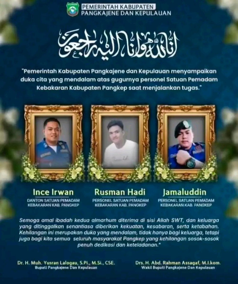 NaraSenyap's tweet photo. Jamaluddin menjadi korban ketiga yg Gugur dalam Kecelakaan Mobil Damkar Pangkep saat menuju lokasi kebakaran,(30/9)

Turut berdukacita https://t.co/LIHJbBWAH1