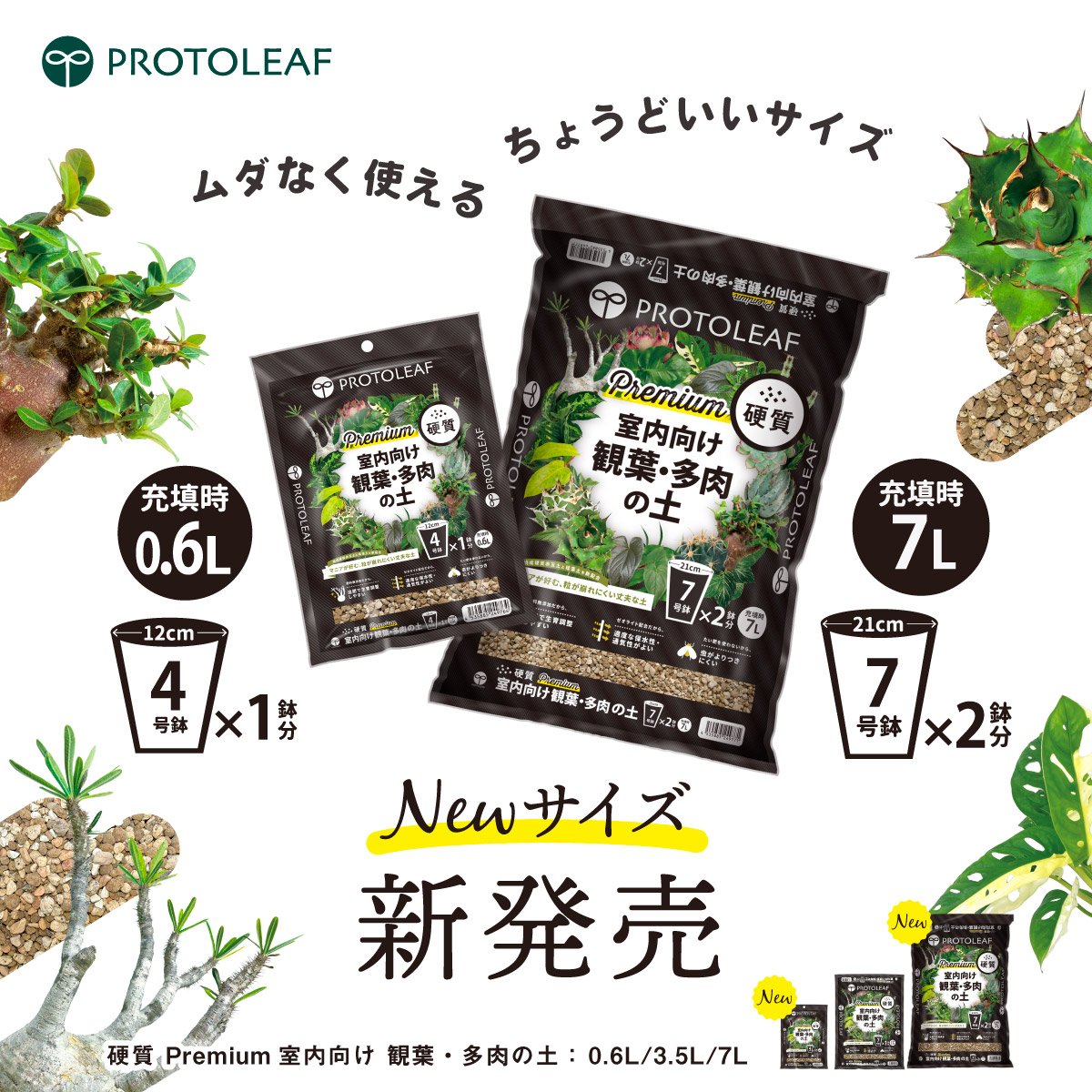 PROTOLEAF's tweet photo. ＼＼🌱新サイズ登場のお知らせ🌱／／

「室内向け観葉多肉の土 硬質 Premium」に新しい容量サイズが登場！

「小鉢用に少しだけ欲しい」「たくさん植え替えたい！」という
みなさまのお声にお応えして、小鉢につかえる【0.6L】と、
たっぷり使える【7L】が仲間入りします✨

📅 2026年10月7日（水）発売

用途に合わせてぜひ選んでみてくださいね🌱

詳細はこちらから👇
https://t.co/gDYcXcRjY4