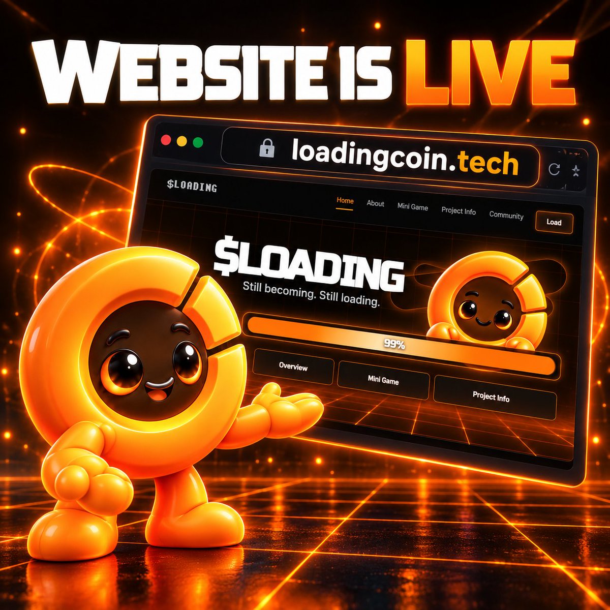LOADINGCOIN_'s tweet photo. 🟠The website is LIVE. The coin is still loading🟠

$LOADING finally has a home: https://t.co/aIlOcQXF9r

Meet the mascot, explore the story, and try to stop at exactly 99% in the mini game. What score did you get? 👇

EARLY CA coming soon. Still becoming. Still loading. ⏳

Will be released on https://t.co/Ab0RbN2dXL https://t.co/UTwNLv0VE5 https://t.co/OLlhbWhTtF https://t.co/HbDynzWOii