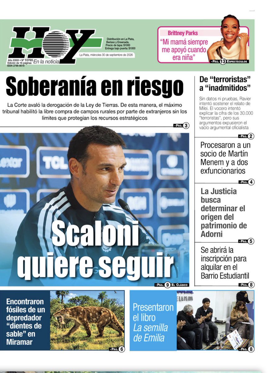 diariohoynet's tweet photo. 🇦🇷🗞️☀️ #LaPlata | #TodoLoDemásEsVerso | https://t.co/11GzOK9Ln6 | #HOYenLaNoticia
▶️📷✅La tapa del Diario #HOY de #LaPlata del MIÉRCOLES 30 de  SEPTIEMBRE de 2026

📣 #VersionPDF 

https://t.co/FKQzfA2d0o

📢#VersiónInteractiva 
https://t.co/aAOLVFzPDo… https://t.co/ly0hYRJVW4