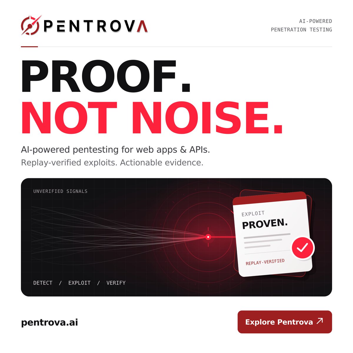PentrovaAI's tweet photo. Proof. Not Noise. 🚫 That's the Pentrova promise. Our AI-powered pen testing doesn't just scan; it provides replay-verified evidence for web apps &amp; APIs. 🕵️‍♂️ Focus on what's real. https://t.co/ZPCFjyn9dc #Security #PenTesting #Pentrova https://t.co/xQwk9hpFoU