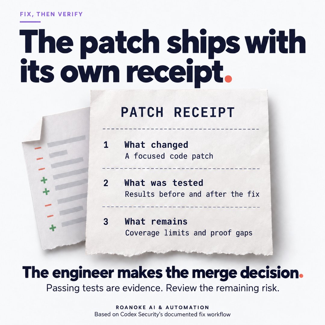 RoanokeAI's tweet photo. 7/15 The patch ships with its own receipt.

1. What changed: a focused patch.
2. What was tested: before-and-after results.
3. What remains: coverage limits and proof gaps.

Passing tests are evidence. The engineer still makes the merge decision. https://t.co/TDWSChKlUz