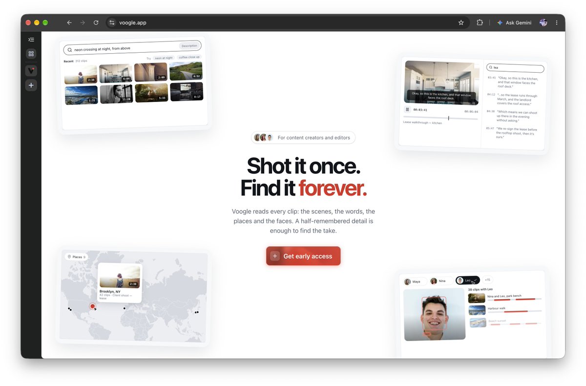 mwr_dev's tweet photo. Landing Page is UP!

For content creators, editors, or even hobbyists dealing with thousands of hours of video footage this is FOR YOUUU

You can search for the content inside your video, the transcript of what was being said, the location of the video, AND EVEN PEOPLE IN THE VIDEO.

Releasing soon!!! signup for the waitlist to get priority early access.

https://t.co/AapBZ7xcEL