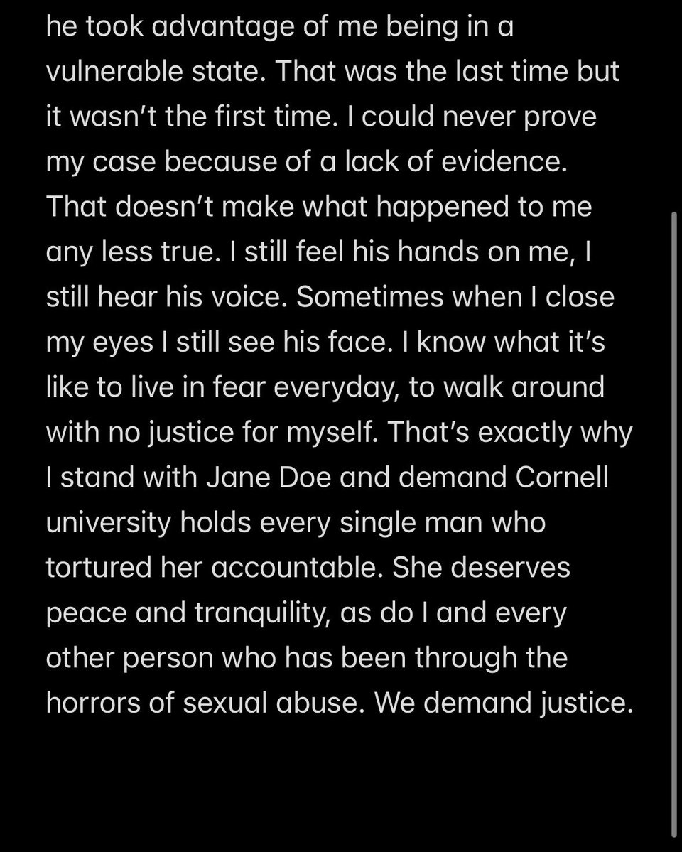 HeavyDirtySev's tweet photo. I am enraged, I am hurt for her, and triggered being reminded of what happened to me and how I was never able to get justice for myself due to a lack of evidence. The system is broken and it needs fixing. @Cornell drop those mfs from the student roster and hold them accountable. https://t.co/IqAzw12a9e