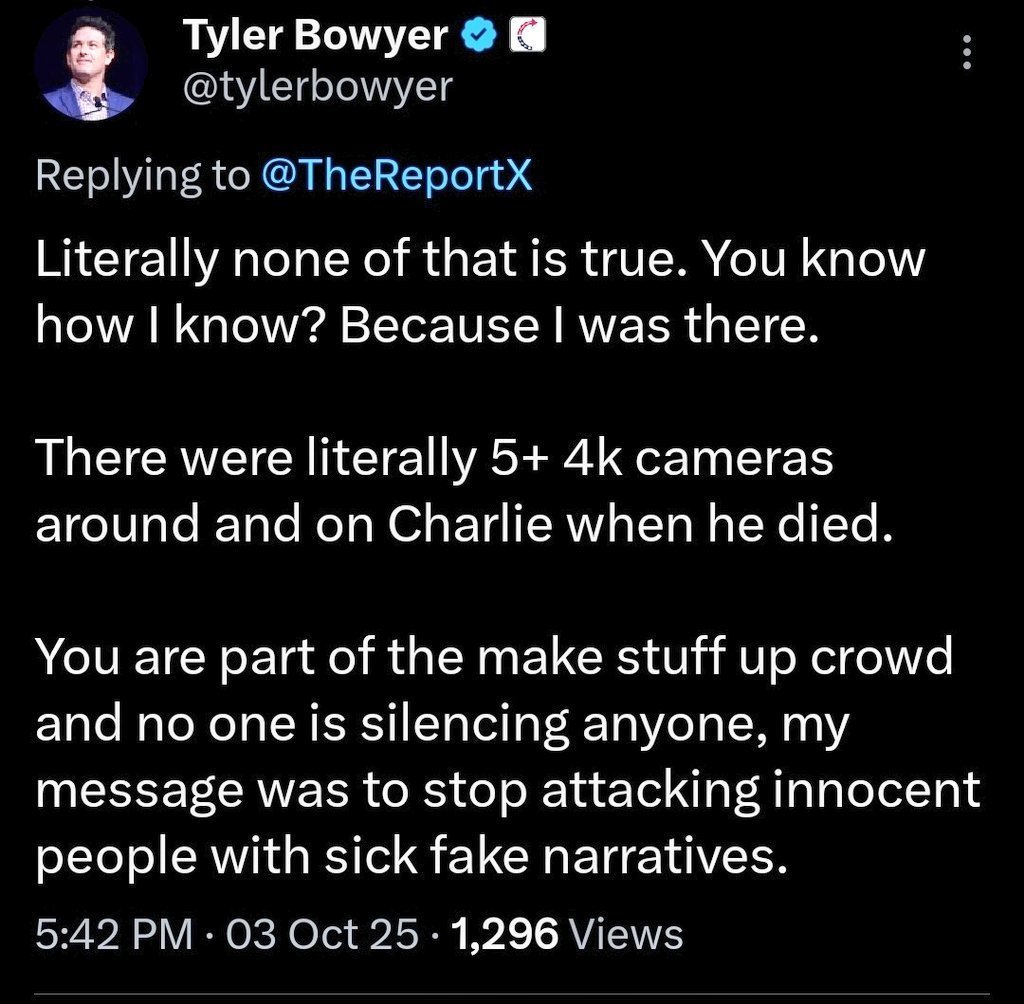 GraceSm16250397's tweet photo. Charlie notifies employees on September 2, 2025 of DOGE audit, demotes Tyler Bowyer, also knowing he brought Erika into his life! 

Charlie also has plans to change his will. 

Charlie didn't sleep w/Erika on 9/9 and HE didn't kiss her goodbye on 9/10!

Erika said, "Charlie wasn't in fear of his life on 9/9", yet THREE witnesses said he texted them on 9/9 stating: "I think they're going to kill me", all three witnesses won't say who "they" is, not a word for 1-year! 

Candace figures out who "they" are, due Erika's text lies, given to Wilson! 

Charlie is killed, Erika cancels the DOGE audit, and she doesn't have to change the will. Bowyer blocked me in January.