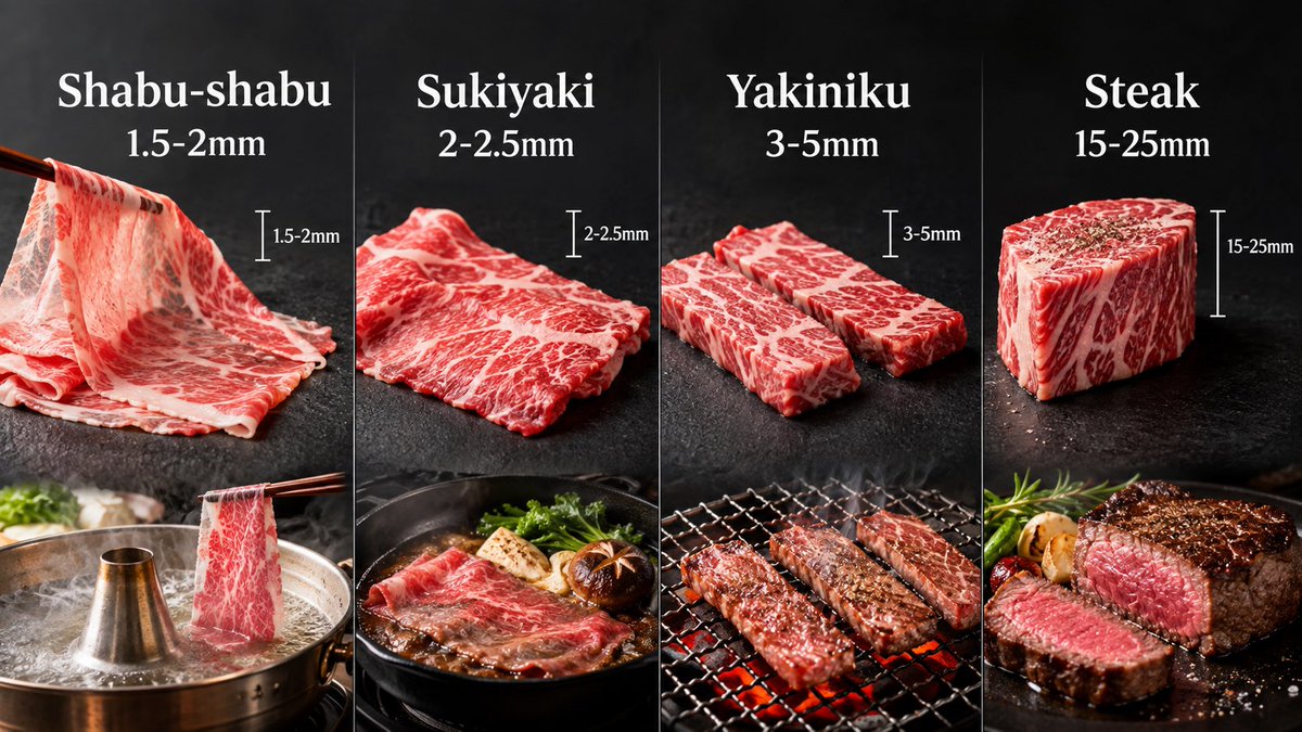 Bangkok_Beef's tweet photo. 【🥩お肉の厚さについて】

🥢しゃぶしゃぶ (1.5-2mm)
数秒でサッと火が通る「極薄」。

🍲すき焼き (2-2.5mm)
薄すぎず厚すぎない絶妙なバランス。

🔥焼肉 (3-5mm)
網焼きの香ばしさと、
肉の旨味を両立できる厚さ。

🍽ステーキ (15-25mm)
和牛の甘い香りと肉汁を、
中に閉じ込めるための厚み。 https://t.co/qpu235HkSX