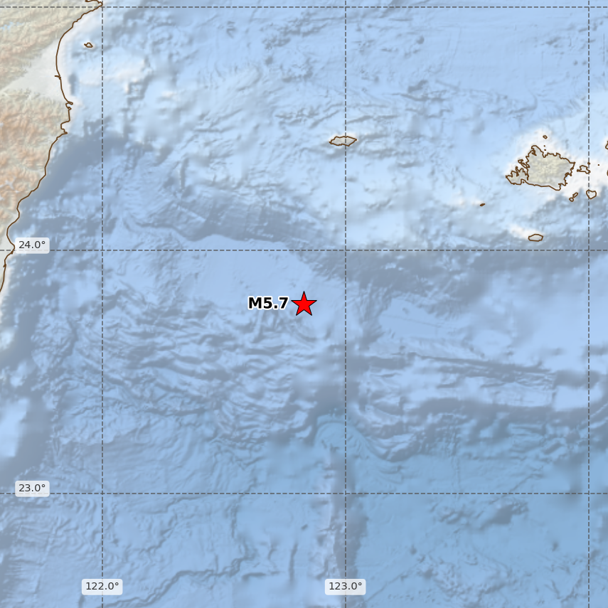 QLARM's tweet photo. [Automatic, not verified!] EARTHQUAKE M5.7. Origin Time: 2026-09-30 05:00:27 UTC, Taiwan Region (23.78 ; 122.83), Depth: 10 km, source: GFZ. Estimated fatalities: 0 to 0, injured: 0 to 0. #earthquake #quake https://t.co/uuN0ns6uZ7