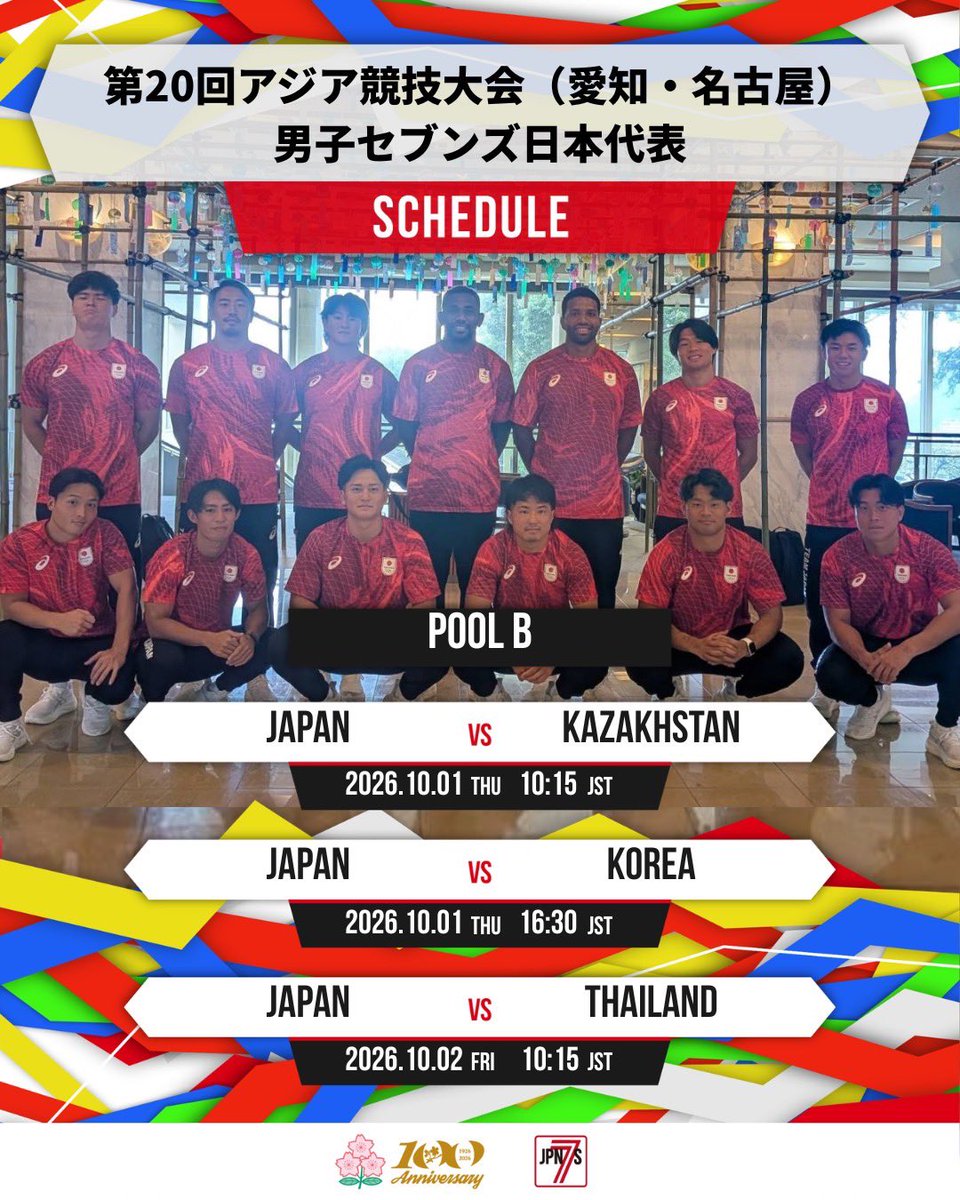 JRFUMedia's tweet photo. 第20回アジア競技大会（愛知・名古屋）
🌸男子セブンズ日本代表 大会登録メンバーと1日目試合スケジュール発表🌸
https://t.co/7MIwrCD4E3

🗓10月1日(木)～3日(土)
🏟名古屋市瑞穂公園ラグビー場（愛知・名古屋）

🗓️プールB 日本代表戦スケジュール
10月1日(木) 10:15 vs カザフスタン代表
10月1日(木) 16:30 vs 韓国代表
10月2日(金) 10:15 vs タイ代表

いよいよ男子セブンズ日本代表がアジア競技大会に挑みます💪
悲願の優勝の目指して戦うチームへ盛大な応援をよろしくお願いします🙇

#JAPANRUGBY
#Japan7s
#ラグビー
#セブンズ
#IPPO
