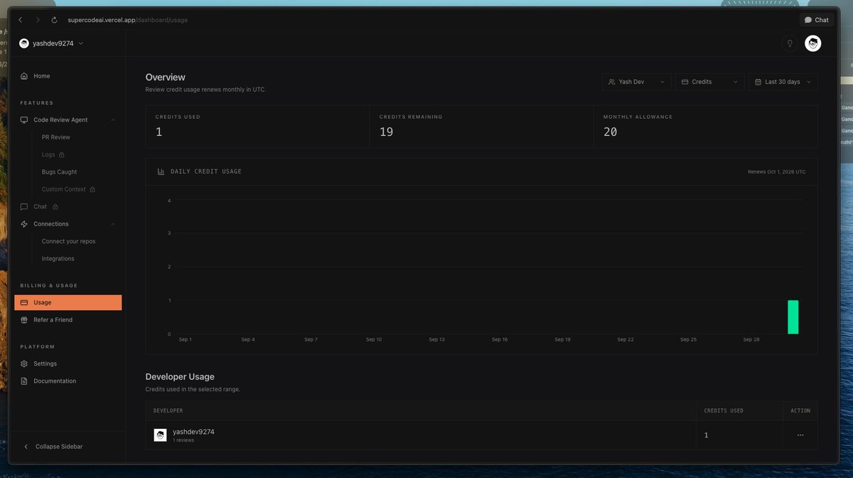 dewyashtwts's tweet photo. 🚨 we are launching credit based code review for @supercodeai review users

users on free plan gets 20 credits/month
Pro user gets $40 credits for just $25/month

special benefits for enterprises and team, comment or dm me
much more affordable and faster than Coderabbit and Greptile