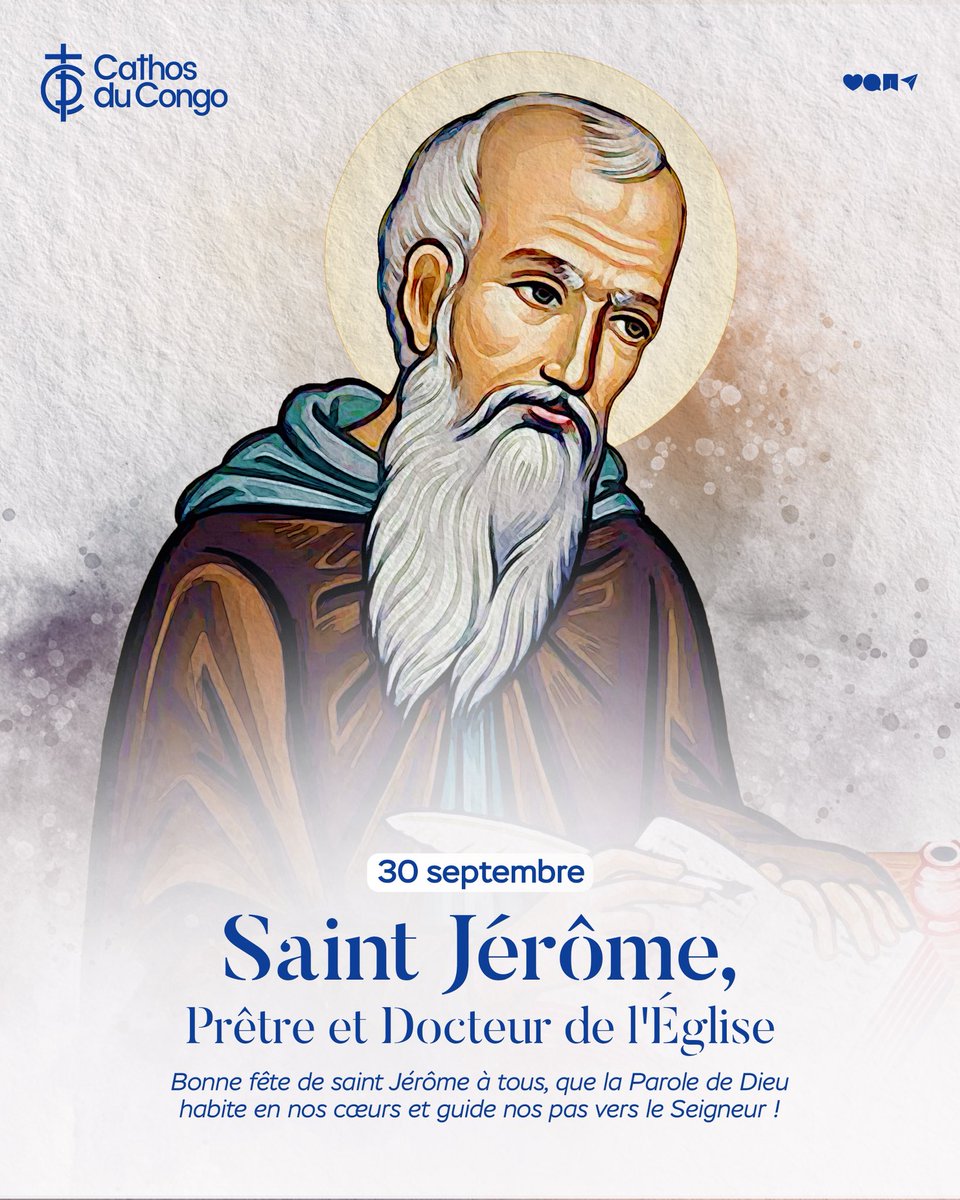 Cathosducongo's tweet photo. « Ignorer les Écritures, c'est ignorer le Christ. »
 
30 sept : Saint Jérôme, Prêtre et Docteur de l'Église. Il traduisit la Bible en latin (Vulgate) et vécut en ascète à Bethléem.
 
Prions pour que la Parole de Dieu habite nos cœurs.
 
#cathosducongo #catholique #saintjerome https://t.co/33Floi8FwM