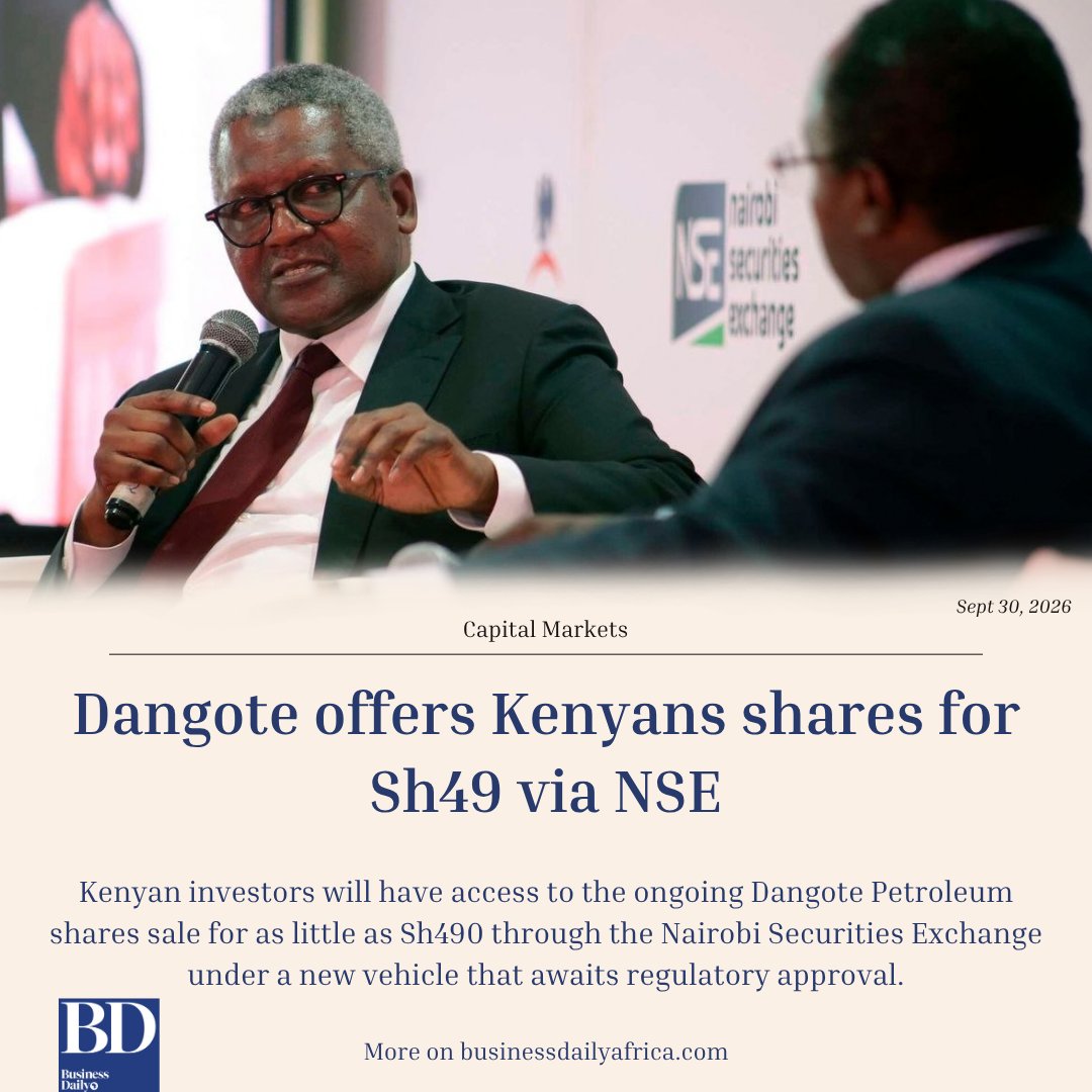 BD_Africa's tweet photo. Dangote offers Kenyans shares for Sh49 via NSE 

Kenyan investors will be able to buy and sell the receipts through licensed local brokers.

More on: https://t.co/YoRK3HrK6x https://t.co/rR5fC0jzrH