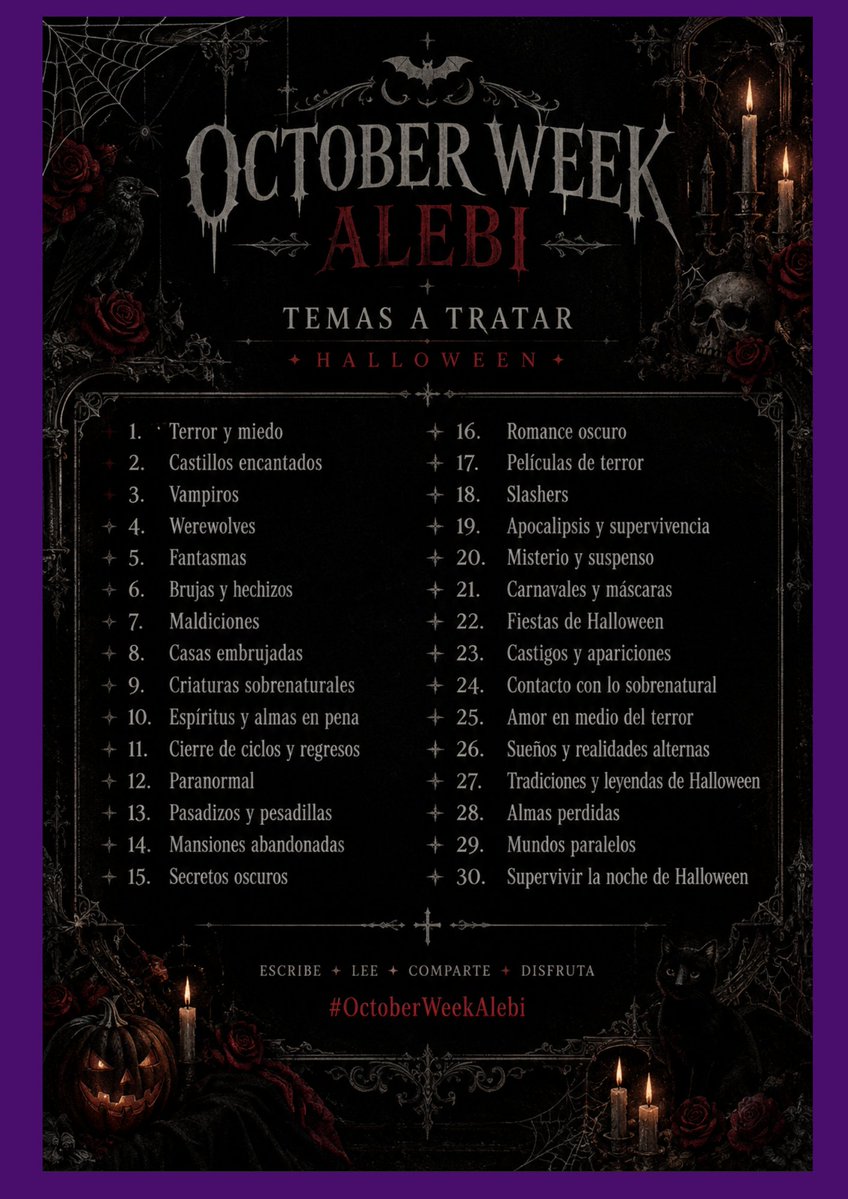 Alejandrotrr8's tweet photo. OCTOBER WEEK ALEBI 🎃🖤💀

Durante esta semana podrán participar creando sus propios escritos de temática Halloween, dejando volar completamente su imaginación. No habrá ni una forma específica de escribir: ustedes deciden qué historia quieren contar. https://t.co/1uhDeP1QUG