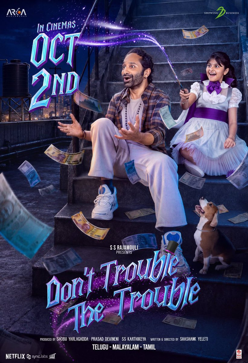 IamJagguBhai's tweet photo. Let us all trouble the trouble on 2nd October... And see what fun trouble can be.. 
All the best to the 
#DontTroubleTheTrouble team. 

#FahadhFaasil #SsaraPalekar @ssrajamouli @ShashankYeleti @ssk1122 @Shobu_ @kaalabhairava7 https://t.co/9Fhqq79rWX