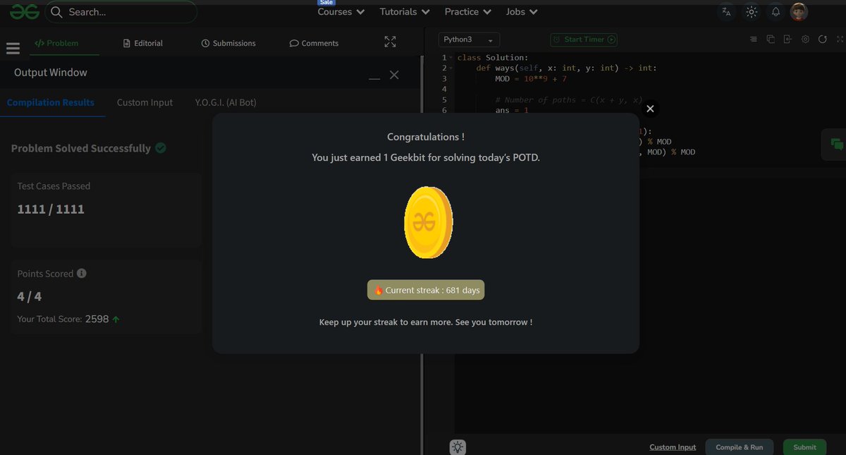 akashasahu07's tweet photo. Day - 681
Ways to Reach Origin Problem
Solved today’s POTD ✅
Counted the number of distinct paths from a point to the origin using only left and down moves 🔢💻
#GeeksforGeeks #POTD #DSA #1000DaysOfCode #CodingJourney https://t.co/OJbI0xtRZQ