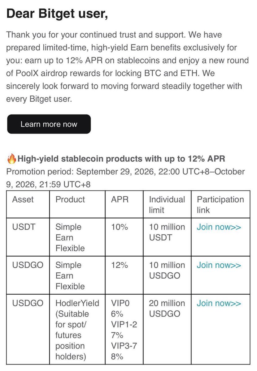 cryptoian's tweet photo. bitget offering 12% APR on stablecoins right after they got hacked for $350M? https://t.co/JjYZoPIrow
