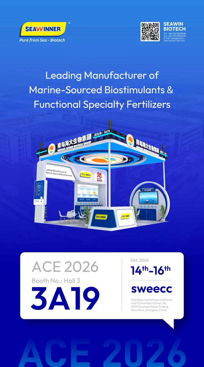 SalesSeawinner's tweet photo. 26 years of marine biotech expertise. Visit SEAWINNER at ACE 2026, Shanghai World Expo Center. Oct 14–16, Hall 3, Booth 3A19. Let's talk marine-sourced biostimulants!
#ACE2026 #SEAWINNER #Biostimulants #SeawinBiotechGroup https://t.co/9hKq4NJu0q