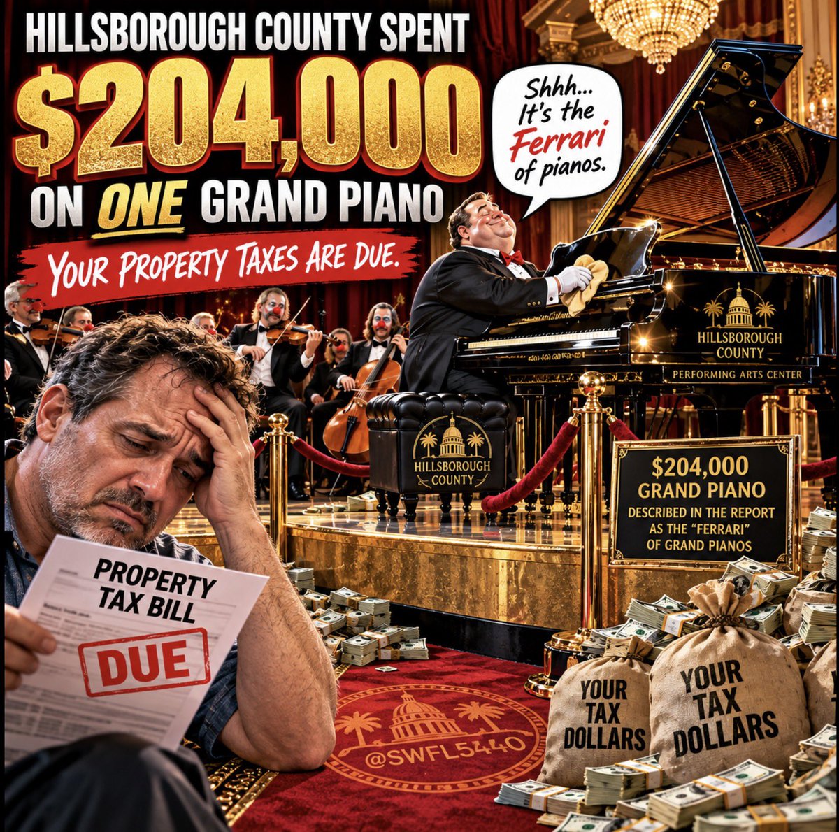 SWFL5440's tweet photo. 🚨 YOUR PROPERTY TAX BILL IS DUE. DON’T WORRY, THEY BOUGHT A $204,000 PIANO. 🎹

Yes. $204,000 for ONE grand piano.

The Florida DOGE report says Hillsborough County spent taxpayer money on a piano so extravagant it was described as the “Ferrari” of grand pianos.

And taxpayers are constantly told government has nowhere left to cut without touching police, fire or essential services.

Really?

Before anyone reaches for essential services, maybe check under the lid of the $204,000 piano.

🎹 Play us a song called “There’s Nothing Left to Cut.”