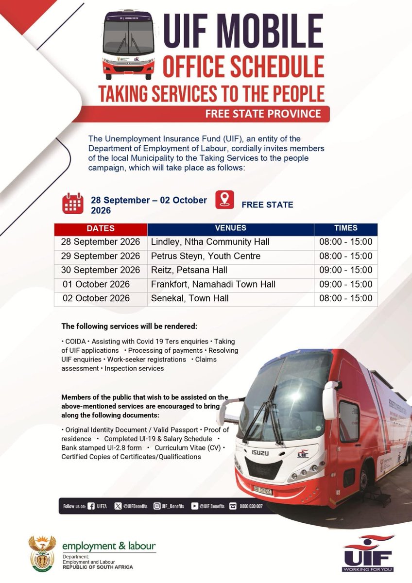 deptoflabour's tweet photo. Taking Services to the People | Free State

The Department of Employment and Labour through the Unemployment Insurance Fund (UIF), invites members of the community to attend the Taking Services to the People Campaign.

#Yazini #ServiceDeliveryZA #GovUpdatesZA https://t.co/eat1BoAzdi