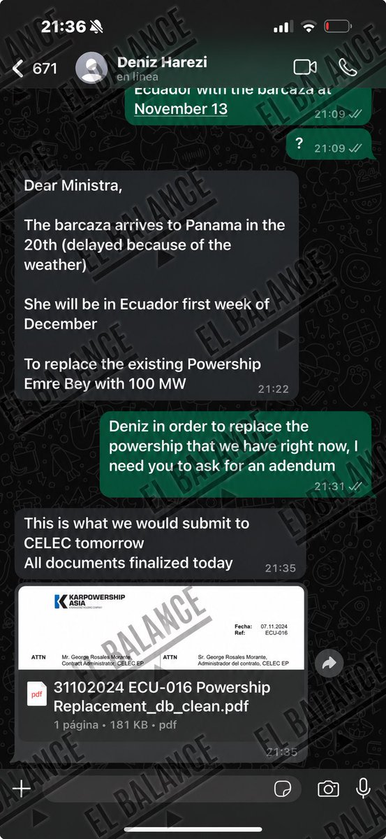 alvatin18's tweet photo. #IMPORTANTE | Los chats expuestos por @Expresoec corroboran hechos que en su momento ya fueron revelados en @ElBalance_EC, a propósito de los fallidos contratos con PROGEN en Quevedo y Salitral: el rol de Inés Manzano como gestora de procesos contractuales y articuladora de pagos con proveedores a través de la firma de adendas.

Primera imagen: chat de Manzano con John Manning, CEO de #PROGEN, durante la ejecución e implementación de los fallidos contratos de Quevedo y Salitral en donde, textualmente, la exministra le propone al representante de la empresa la firma de una adenda modificatoria al contrato de Quevedo —que fue suscrita el 11 de enero de 2025 y con la que se realizaron pagos de $34,7 millones hasta marzo de ese año— a cambio de la entrega de 29 generadores y se ofrece a trasladar 6 equipos por avión, a lo que Manning responde que, aun siguiendo esa propuesta, ninguna de las 29 unidades —incluidas las seis— podría entrar en operación antes de Navidad.

Segunda imagen: Manzano conversa con Christian Piedra López, entonces gerente general de Elecaustro, y muestran que la exministra siguió de cerca los avances de la contratación, cuestionó demoras y llegó a plantear la salida de funcionarios que, a su criterio, estaban retrasando el proceso de contratación 2025-005, adjudicado el 24 de enero de 2025 por $96,87 millones para la embarcación Erin Sultan de Karpowership.

Además, Manzano también se dirigió a Deniz Harezi, ejecutiva de Karpowership, quien le informaba sobre desplazamientos y dificultades de navegación de las embarcaciones que se dirigían hacia Ecuador. En uno de esos intercambios, Manzano habría indicado a la representante de la compañía que solicitara una adenda relacionada con la central eléctrica.

Harezi le comunica a Manzano que una barcaza llegaría a Panamá el día 20, con retraso por el clima, y estaría en Ecuador la primera semana de diciembre. La describe como una unidad de 100 MW destinada a reemplazar al Emre Bey. En respuesta, Manzano indica que, para sustituir el buque que ya tenían, necesitaba que solicitaran una adenda. Harezi contesta que presentarían la documentación a CELEC al día siguiente y adjunta un PDF de Karpowership sobre el reemplazo, dirigido —según la vista previa— a Jorge Rosales Morante, administrador del contrato.

Y por esta funcionaria, que movía los hilos de los contratos de generación, ciertos bobos trasnochados fantaseaban hasta para candidaturas presidenciales. Inaudito.

Mañana a las 10:20 en El Balance analizamos el rol de Manzano en los negociados eléctricos. Suscríbanse. ⤵️

https://t.co/lf6NTsBRor