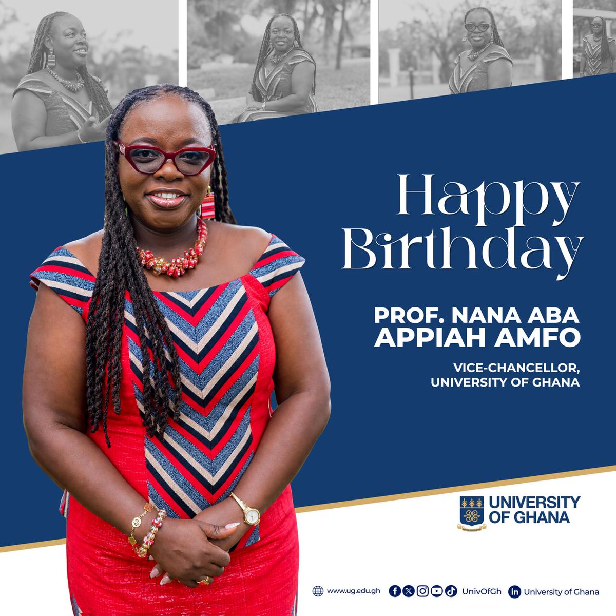 UnivofGh's tweet photo. Today, the University family celebrates our distinguished Vice-Chancellor @aba_amfo, on her birthday. 

We celebrate her purposeful leadership and dedication to advancing UG’s global impact. Happy Birthday, Prof. Amfo! 

Exciting birthday news coming soon! 

#IntegriProcedamus https://t.co/NCDMbbuYvk