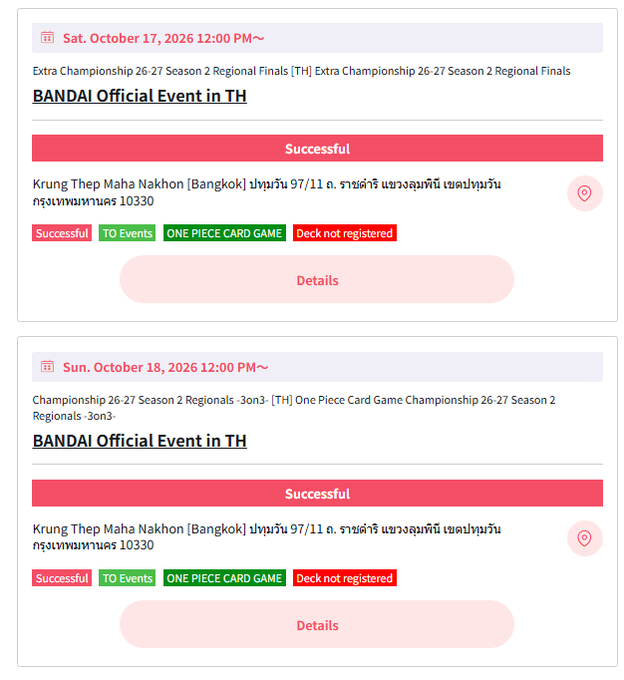 A mobile app interface showing successful registration for 'BANDAI Official Event in TH' One Piece Card Game championship events on October 17 and 18, 2026.