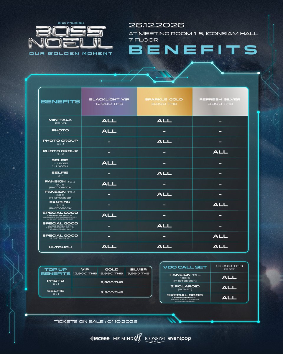 MC999_Official's tweet photo. 📣Announcement of revised for TOP-UP BENEFITS.

𝑩𝒐𝒔𝒔𝑵𝒐𝒆𝒖𝒍 𝟐𝒏𝒅 𝑭𝒂𝒏𝒔𝒊𝒈𝒏 
“𝑂𝑢𝑟 𝐺𝑜𝑙𝑑𝑒𝑛 𝑀𝑜𝑚𝑒𝑛𝑡”

เพราะหัวใจเรียกร้องเราจึงกลับมาพบกันอีกครั้งกับความพิเศษแบบใกล้ชิดที่ทุกคนรอคอย 🖊️🐥🐰

Saturday, 26 DECEMBER 2026
Venue: Meeting Room 1-5, ICONSIAM HALL 7floor. 
TIME : 12:00 PM (GMT+7)

TICKET ON SALES 
AT https://t.co/km9moGb19S
THURSDAY, 01 OCTOBER 2026
TIME : 7 PM ( (GMT+7)

มาเติมเต็มความคิดถึงและส่งความสุขท้ายปีไปด้วยกันนะ 🐥🐰

For more details and inquiries:
LINE OFFICIAL: @ mc999.official 
DM (X): MC999 OFFICIAL 

#BossNoeul2stFansignBKK
#BossChaikamon #Noeulnuttarat
#BossNoeul