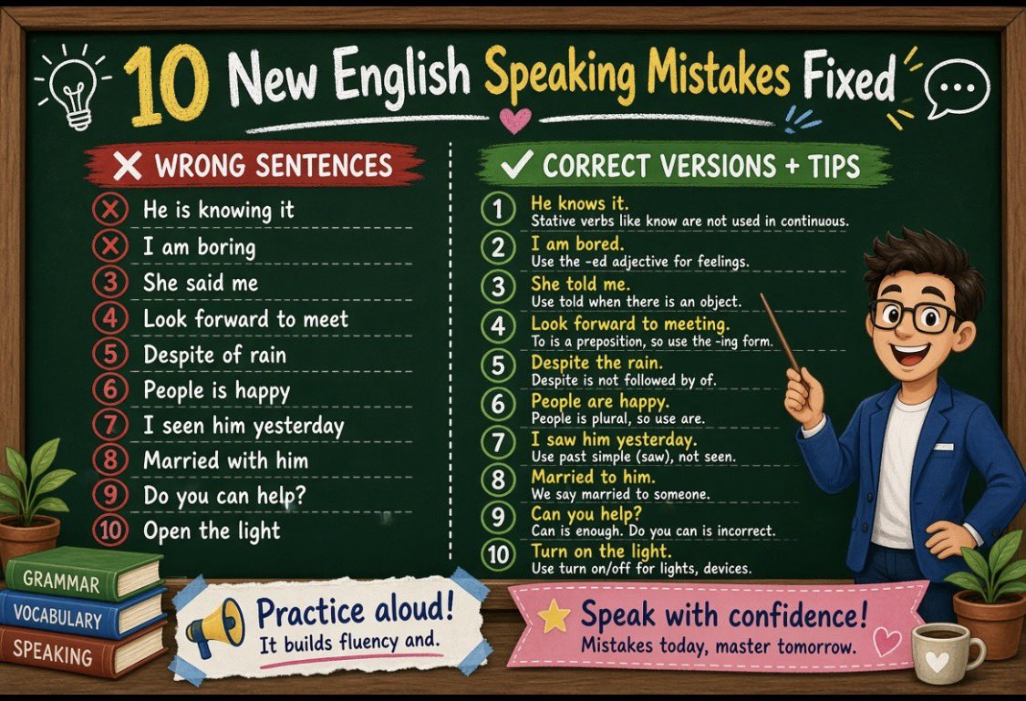 OkezieWarick's tweet photo. ❌ He is knowing it.
✅ He knows it.
(Stative verbs)

❌ I am boring.
✅ I am bored.
(Feeling vs causing)
Tell me what you think from the teaching? https://t.co/1MchyXLhGi