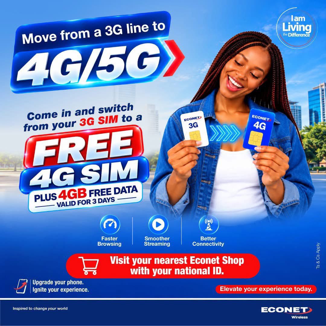 eargroundtv's tweet photo. Still using a 3G SIM?

Bring in your old 3G SIM and swap it for a FREE 4G SIM, plus get 4GB FREE data valid for 3 days.

🚀 Faster browsing, smoother streaming, and better connectivity await. 📶

Visit your nearest Econet Shop with your national ID.
Ts & Cs apply.

#4GUpgrade #Econet #LivingTheDifference  @econetzimbabwe
