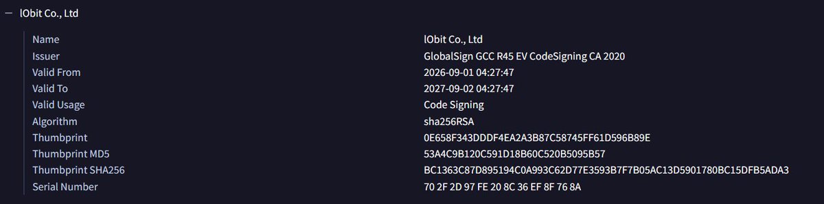 struppigel's tweet photo. IObit signature with lower case 'L' as in LObit. 🙄
https://t.co/HnLseBTFv1 https://t.co/fEx77bHFT6