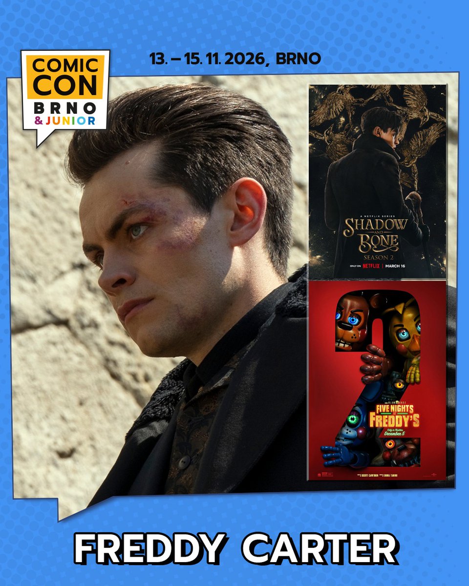 DMJConsult23's tweet photo. I'm delighted to announce that @FreddyCarter1 will be at Comic Con Brno, 14th November 2026 in #Brno, #Czechia.
Info here: https://t.co/Ks5guotpjY
#FreddyCarter
#ShadowAndBone #Grishaverse #SixOfCrows
#FiveNightsAtFreddys2 #Pennyworth #FreeRein #TheDollFactory #MastersOfTheAir https://t.co/vVigDGaQxT