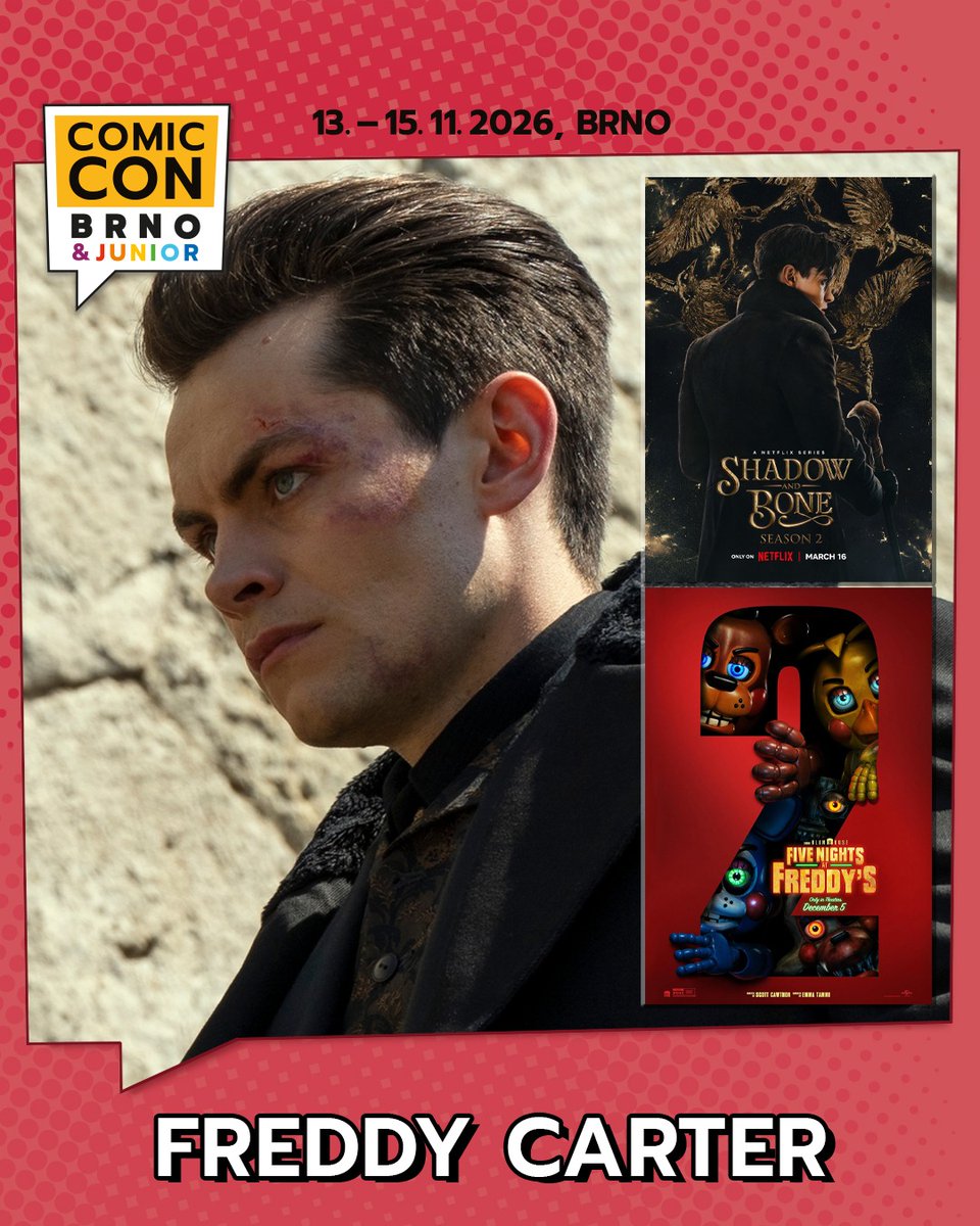 DMJConsult23's tweet photo. I'm delighted to announce that @FreddyCarter1 will be at Comic Con Brno, 14th November 2026 in #Brno, #Czechia.
Info here: https://t.co/Ks5guotpjY
#FreddyCarter
#ShadowAndBone #Grishaverse #SixOfCrows
#FiveNightsAtFreddys2 #Pennyworth #FreeRein #TheDollFactory #MastersOfTheAir https://t.co/vVigDGaQxT