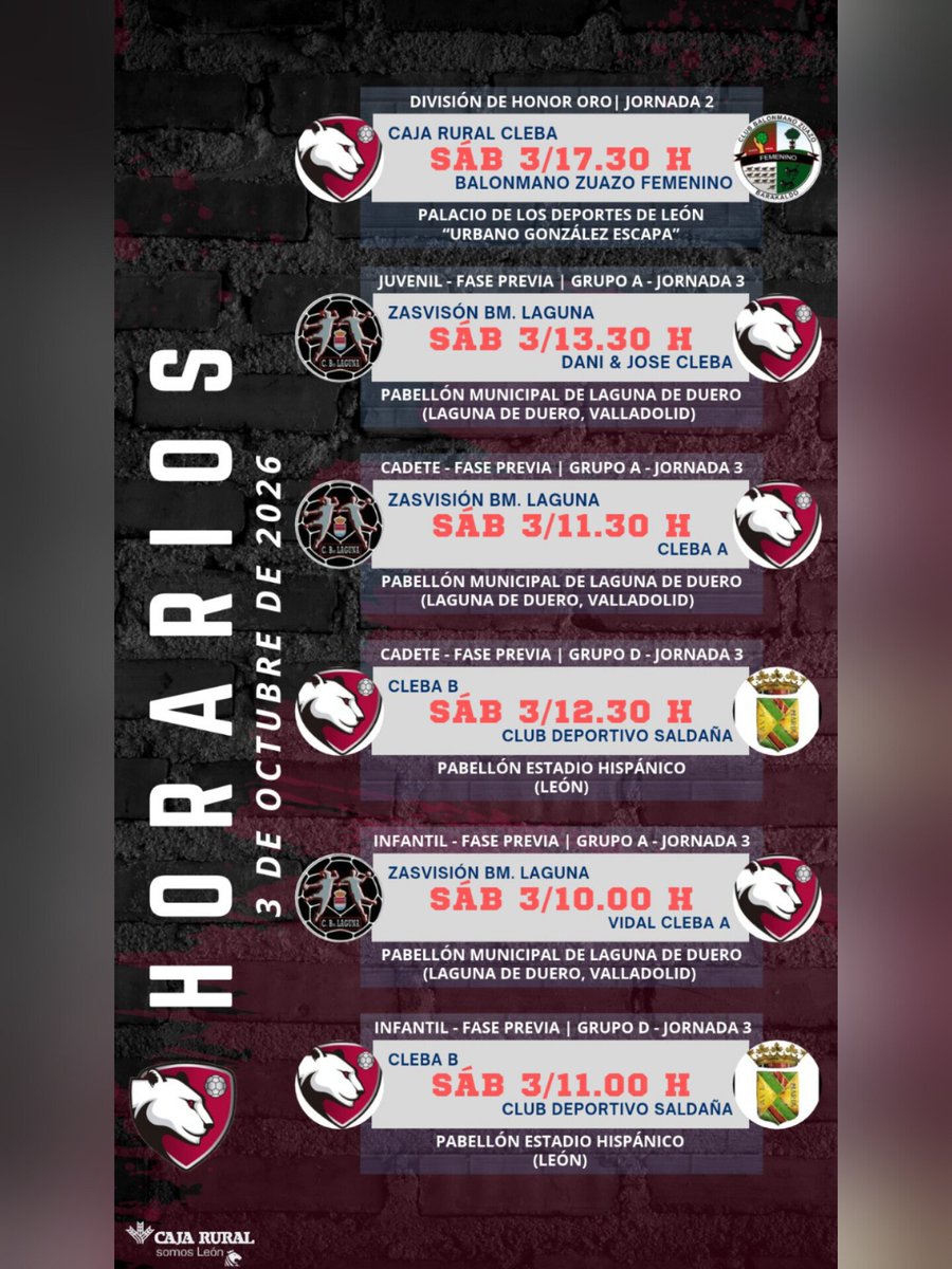 ClebaLeonBm's tweet photo. 🗓️ HORARIOS PRÓXIMA JORNADA 🗓️
Así se presenta la próxima jornada para todos nuestros equipos. 🔴⚫
Consulta las sedes y los horarios para no perderte ningún partido.
#cleba #garracleba #basecleba #Leónesp #balonmano https://t.co/t0XDqrC648