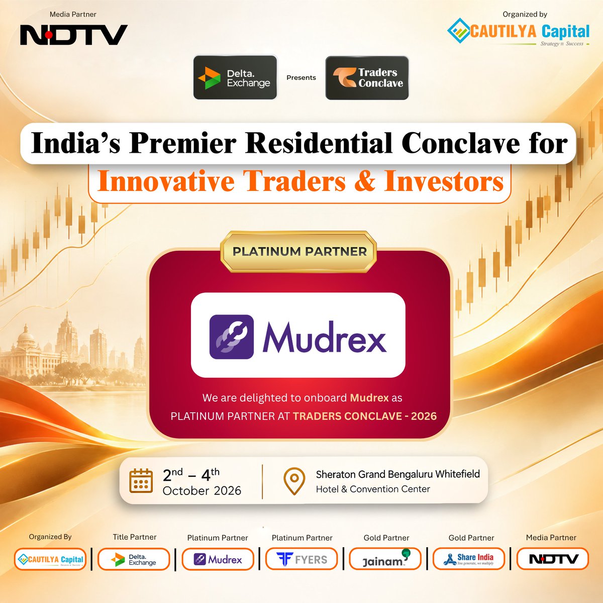TradersgurukulC's tweet photo. 🎉 Delighted to onboard @officialmudrex as Platinum Partner of Traders Conclave 2026!

📅 2–4 Oct 2026
📍 Sheraton Grand Bengaluru Whitefield
🎟️ Limited Seats: https://t.co/IMKywCWDQE
#TradersConclave2026 #Mudrex #CautilyaCapital https://t.co/855JwWA8Ke
