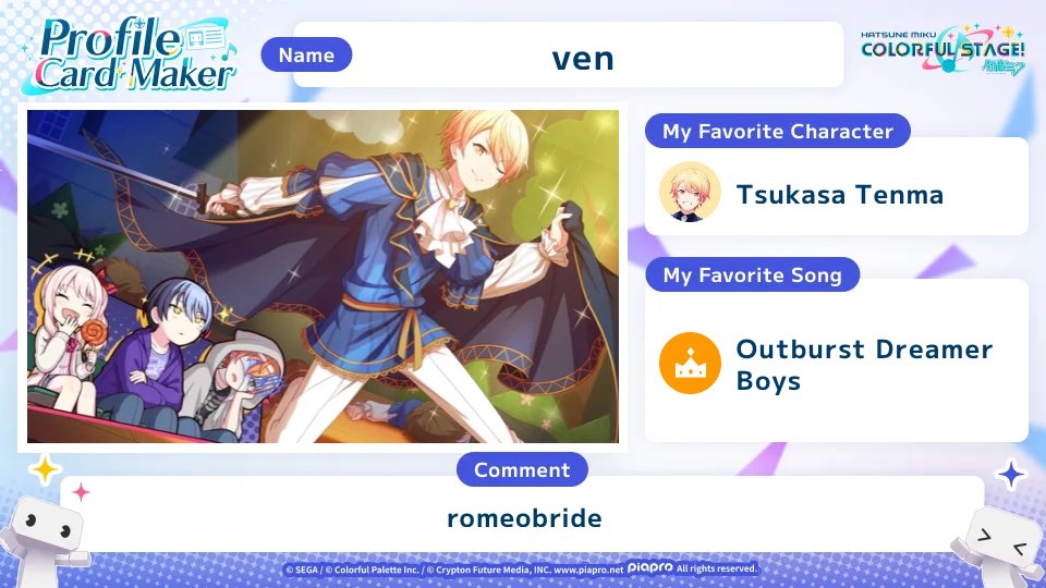 akiyamatsukasaa's tweet photo. Check out the #COLORFULSTAGE profile card I made for the World Link Campaign🌎
romeobride😳😳
https://t.co/iERGj85Lg8
#SEKAIanniversary https://t.co/e4wkR3vcsj