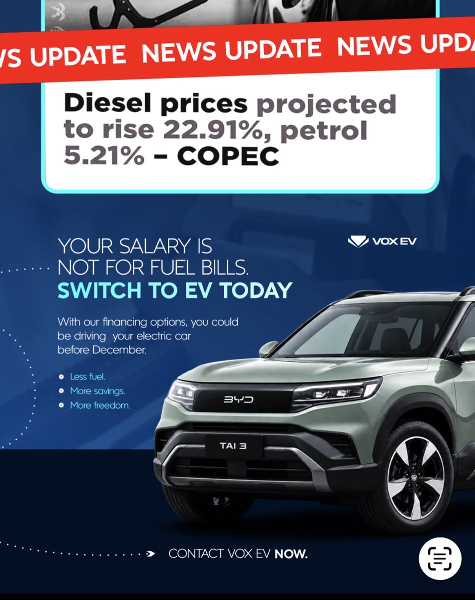 edmaxautoparts's tweet photo. Your salary shouldn't be going into fuel bills.
COPEC is projecting a 22.91% increase in diesel prices and a 5.21% increase in petrol prices from Thursday, October 1.
Electric mobility gives you Less fuel, More savings, More freedom.
Send a DM NOW. https://t.co/9koDgF69Vh