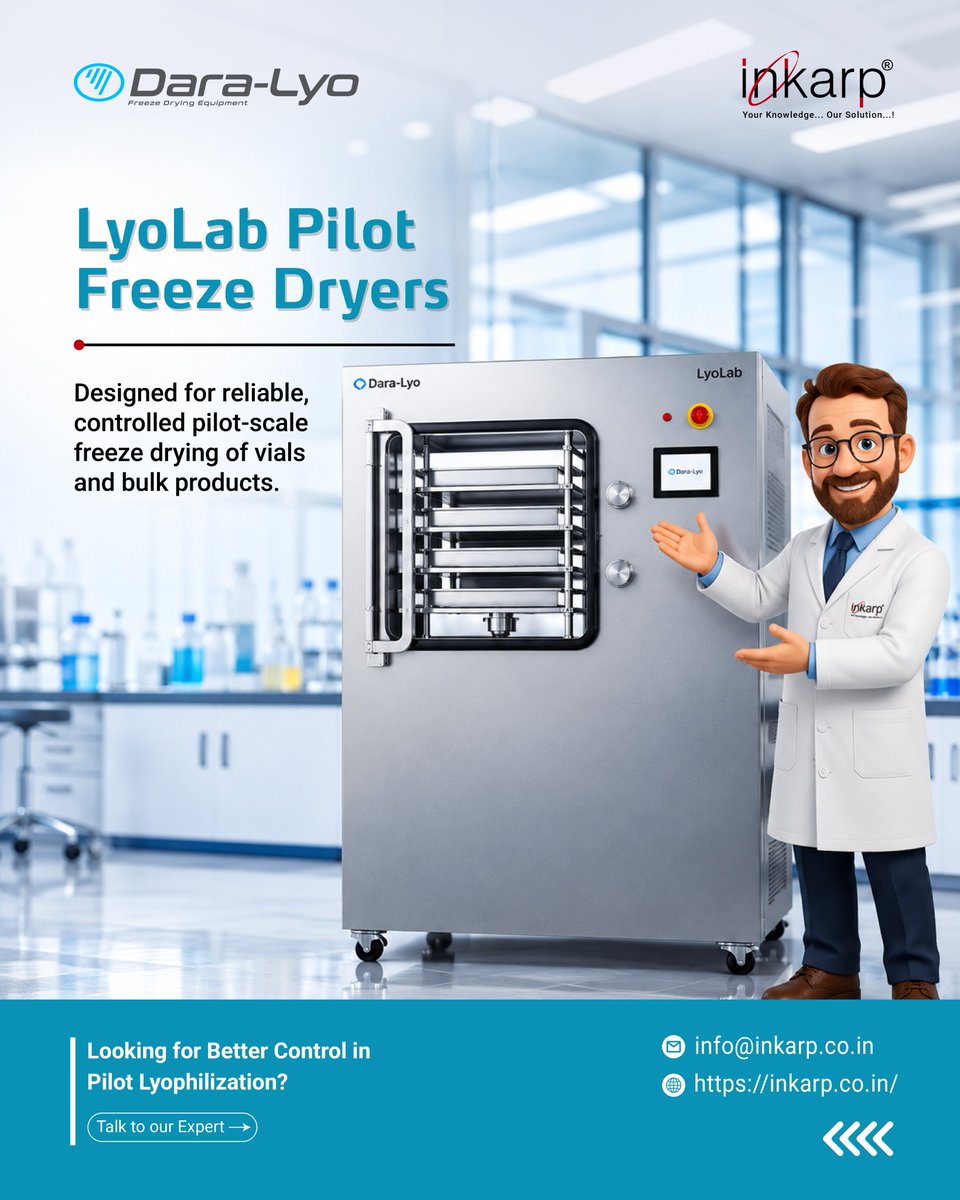 inkarpindia's tweet photo. ❄️ Pilot Freeze Drying Meets Process Development.

LyoLab Pilot Freeze Dryers support controlled recipe development, process optimization &amp; scale-up for pharmaceutical and high-value products.

📩 info@inkarp.co.in
🔗 https://t.co/EnqElT0KUM

#LyoLab #FreezeDrying #Inkarp https://t.co/78ZyhOfCb0