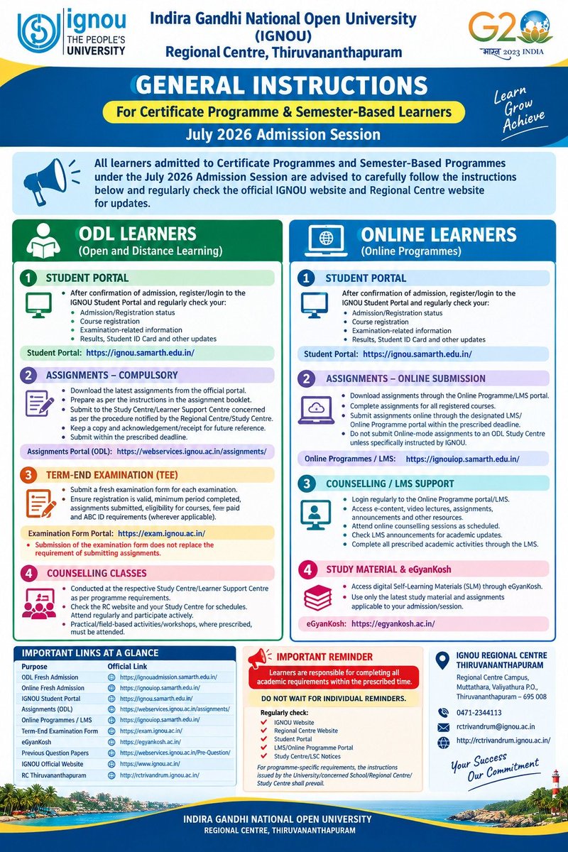 Ignoutrivandrum's tweet photo. General instructions for Semester and certificate programme July 2026 session https://t.co/HXiMePYBHi