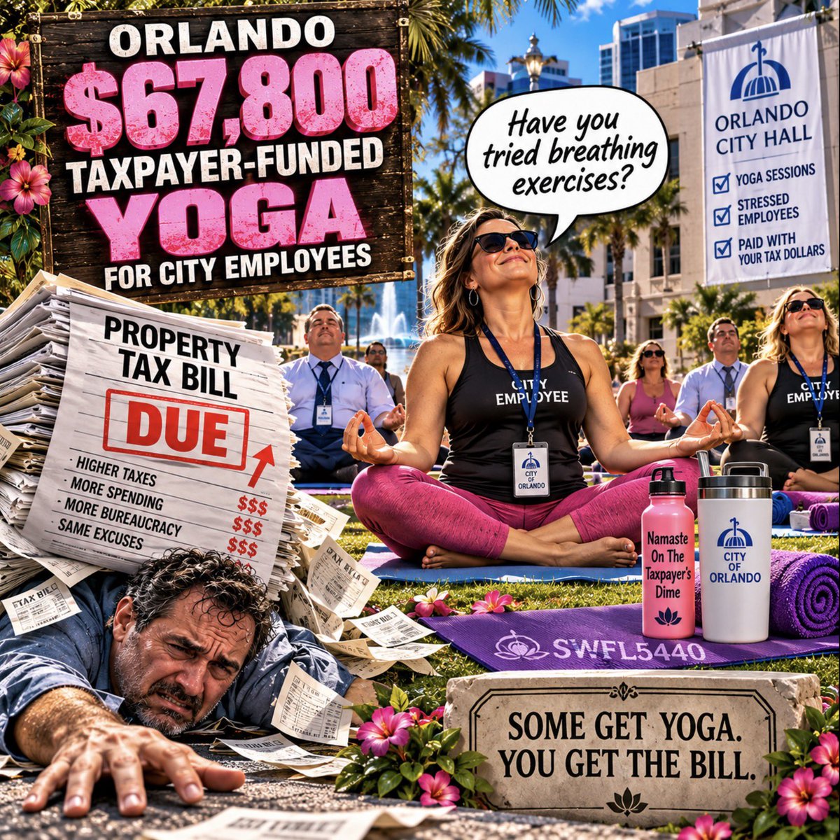 SWFL5440's tweet photo. 🚨 BREAKING: ORLANDO FOUND A NEW WAY TO LOWER YOUR TAXPAYER STRESS. THEY SPENT $67,800 ON YOGA. 🧘😂

Property tax bill getting heavy?

Just breathe in…
Breathe out…
And remember you helped pay for city employees to do yoga.

According to the Florida DOGE report, Orlando spent $67,800 on taxpayer-funded yoga, including free sessions for city employees.

Yet somehow, when taxpayers start talking about cutting government spending, we’re warned about police, firefighters and essential services.

Before touching a fire truck, maybe roll up the yoga mats.

Some get yoga.
You get the bill.