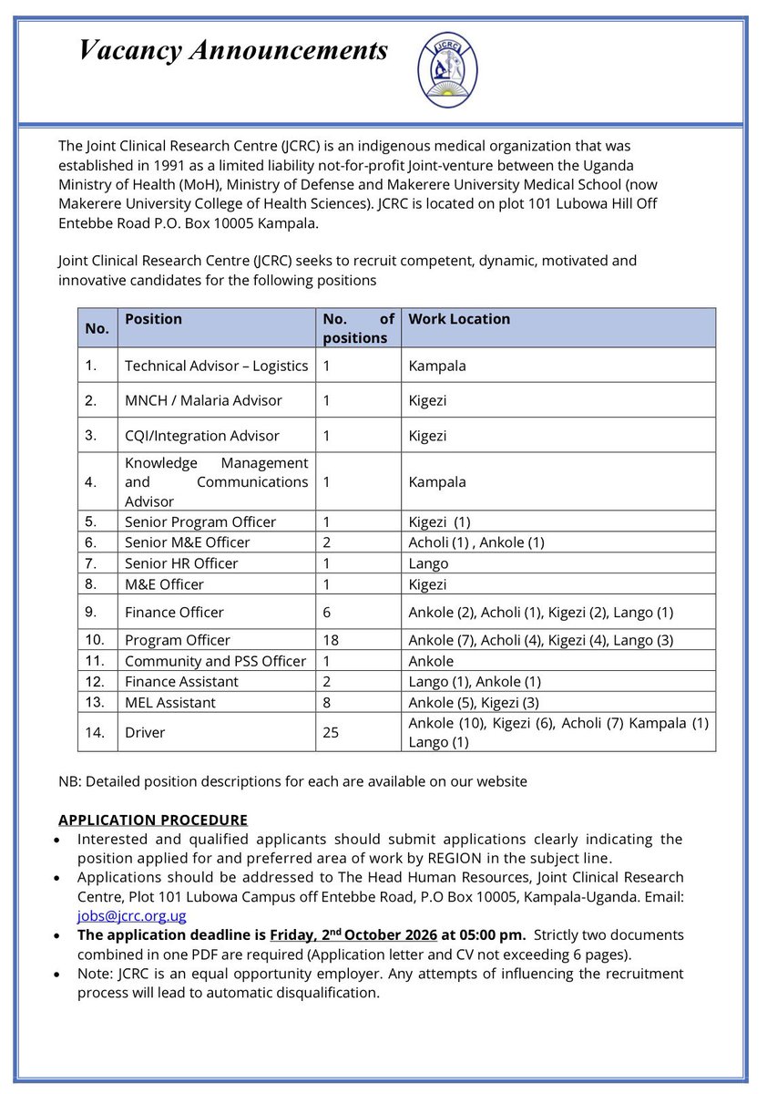 JobAdvertsUG's tweet photo. 69 New Jobs at Joint Clinical Research Centre 

Details: https://t.co/AuHKLcGM2H

#JobsInUganda 

KINDLY RETWEET TO SHARE https://t.co/33JyGFCnL1