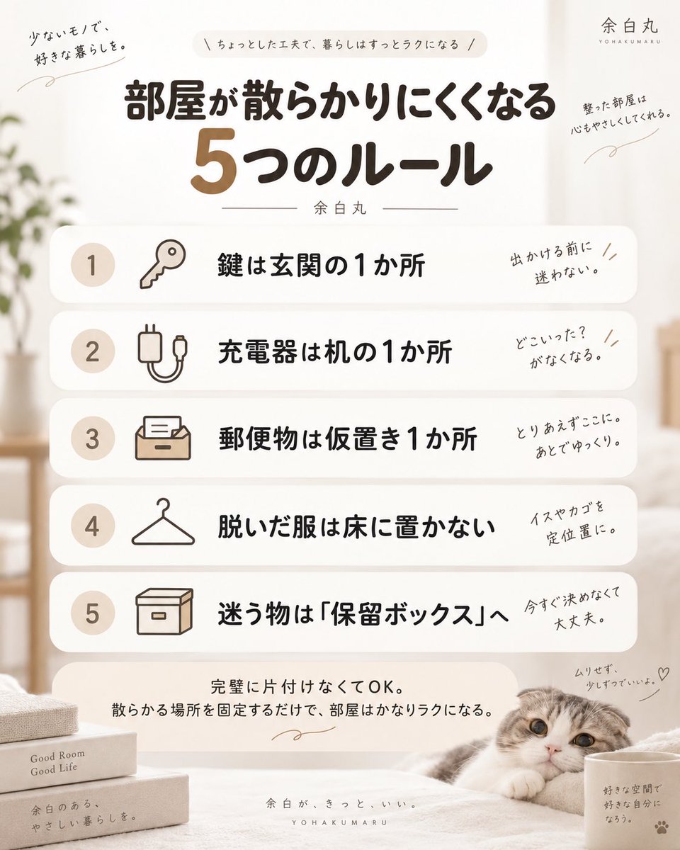 1pGhKcD83C14723's tweet photo. 部屋が散らかりにくい人は、
「片付け上手」より戻す場所が決まってる。

・鍵は玄関
・充電器は机
・郵便物は仮置き
・服は床に置かない
・迷う物は保留BOXへ

完璧じゃなくてOK。
“定位置”を決めるだけで、かなりラクになる◎

#暮らし #片付け #収納 https://t.co/7h4aRxGv5K