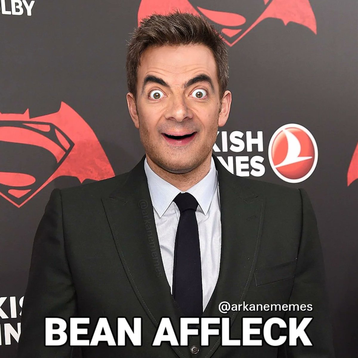 Will_0019's tweet photo. Photo shared by Arkane Memes on June 28, 2026, tagging @mrbean. It may be a meme of Superman with the text: “LBY ISH VES ۷٧ N I @arkanememes BEAN AFFLECK. https://t.co/rZL6fnOsMS