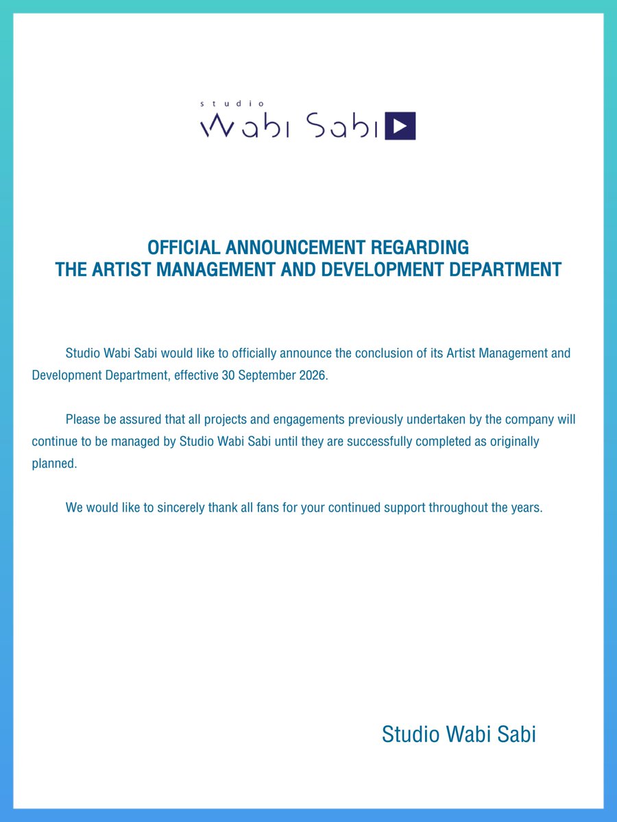 boyslovehub's tweet photo. After nearly a decade, Studio Wabi Sabi announces the end of its Artist Management and Development Department.

The studio recently became a GMMTV subsidiary following a 51% acquisition. https://t.co/blQ5eoGnIT