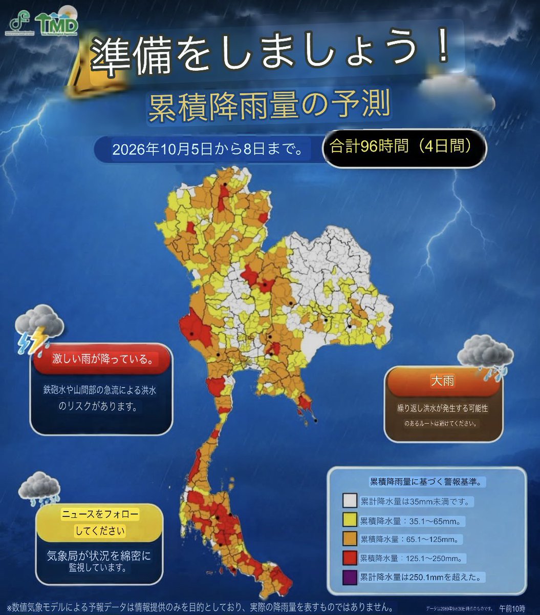 Thainews_PK's tweet photo. 【☠️不気味な天気予報】

🌧️ タイでは10月5日から8日にかけて降雨量が増加する見込みです。

（タイ気象局FB) https://t.co/pF3mcPbwGD