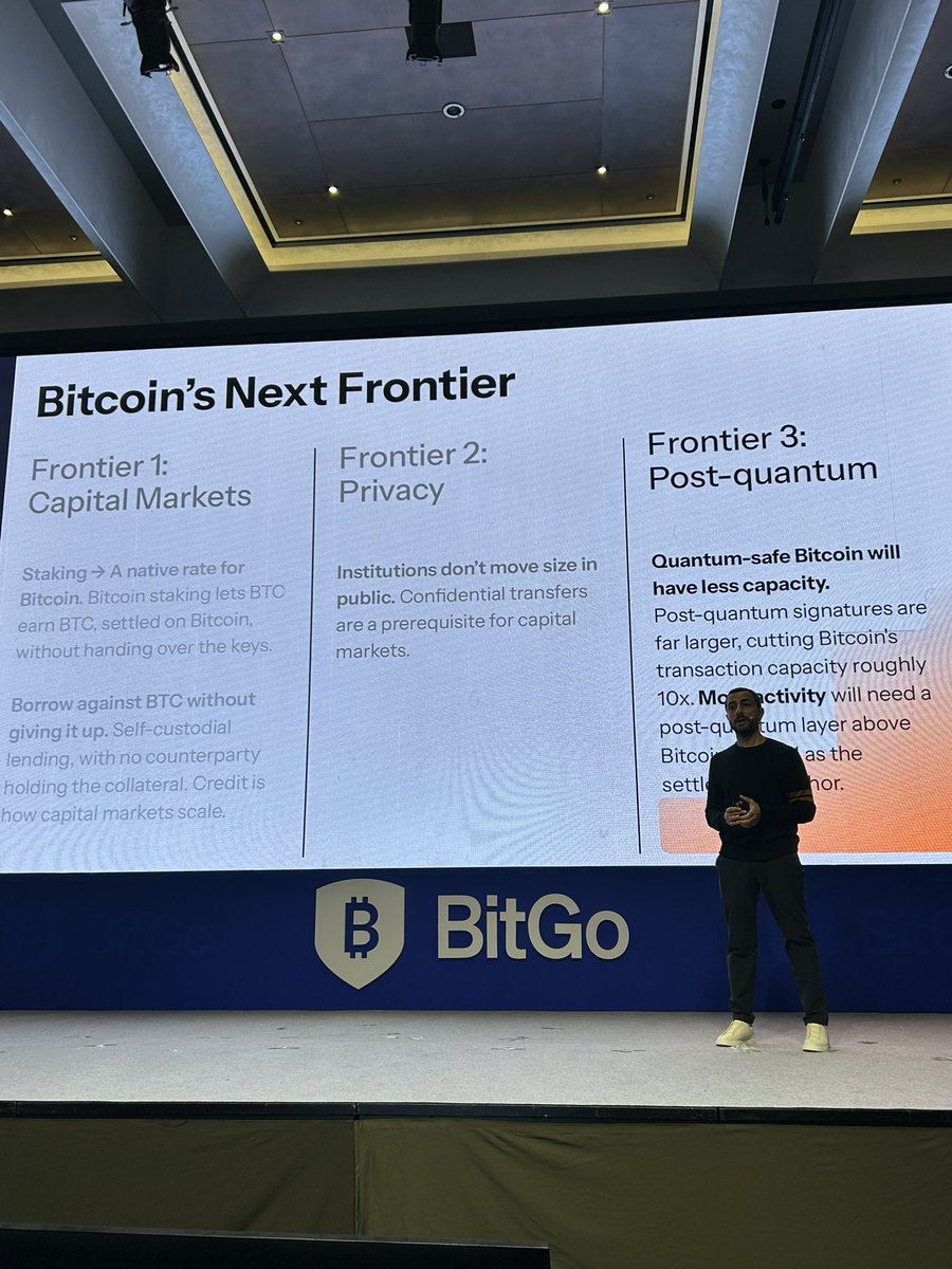 StacksEndowment's tweet photo. Live at @kbwofficial - the next frontier of Bitcoin is 

1) capital markets
2) privacy 
3) post quantum

with native btc yield from @Stacks https://t.co/YO9rusr0uL