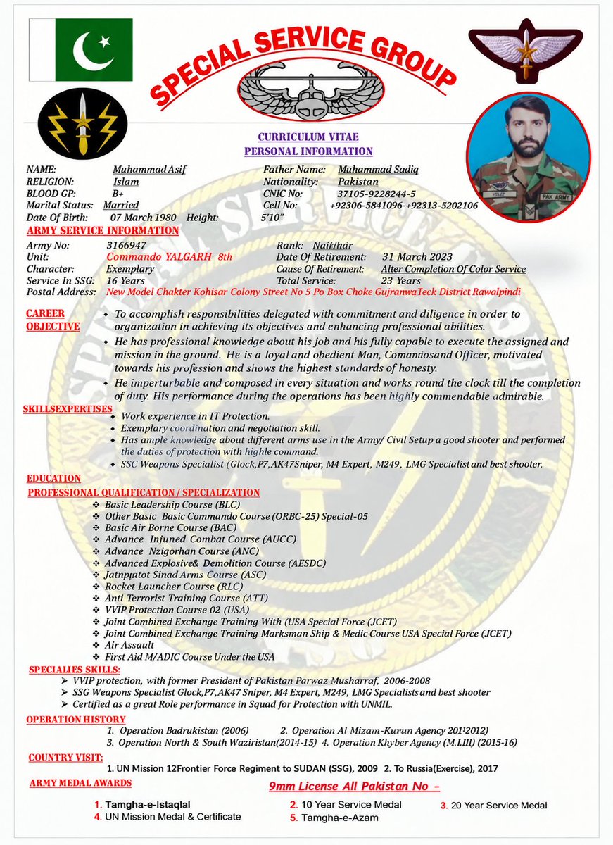 Patriot_Radar's tweet photo. (1/n) OSINT PROFILE | Ex-SSG Commando

Muhammad Asif, alias Hashim Musa, is identified in the provided material as a former Pakistan Army SSG Commando.

📌 DOB: 07 March 1980

📌 Army No.: PA-3106947

📌 CNIC- 3710592282445 

📌 Mobile no- 923065841096 923135202106 https://t.co/UlIMrAOy9J